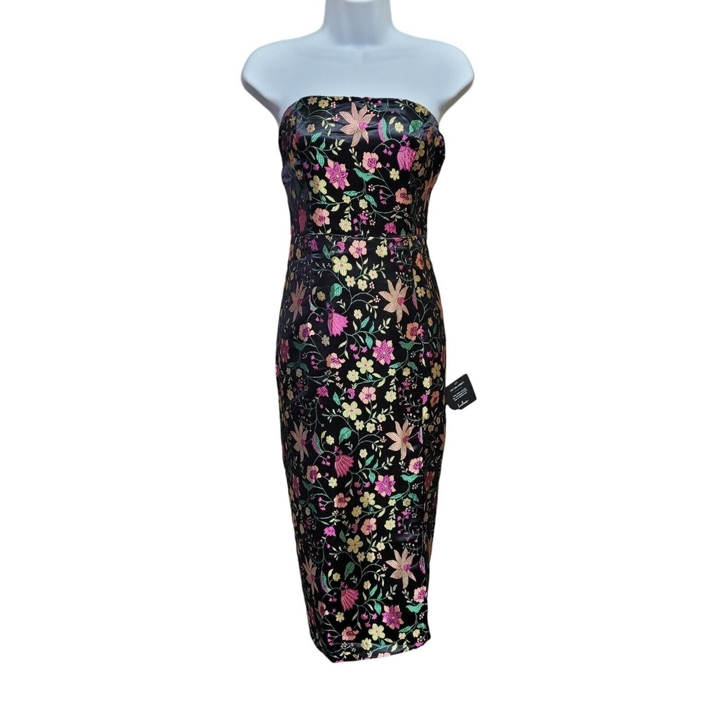 Lulus Size Small Black Satin Floral Jacquard Strapless Midi Dress NWT Metallic